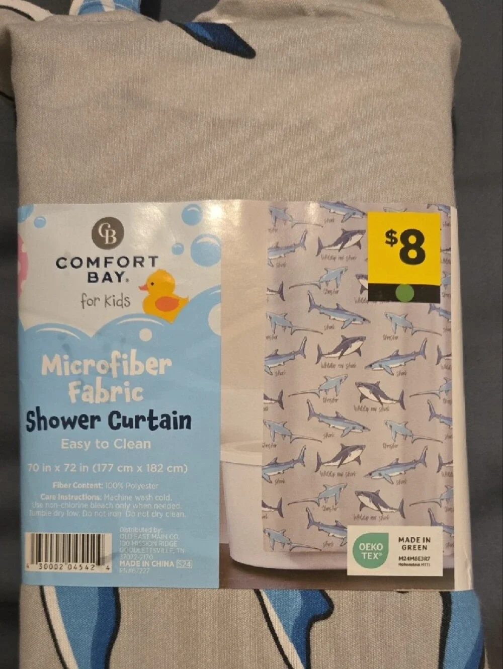 Comfort Bay Shark-Pattern Kids Shower Curtain in Gray and Blue
